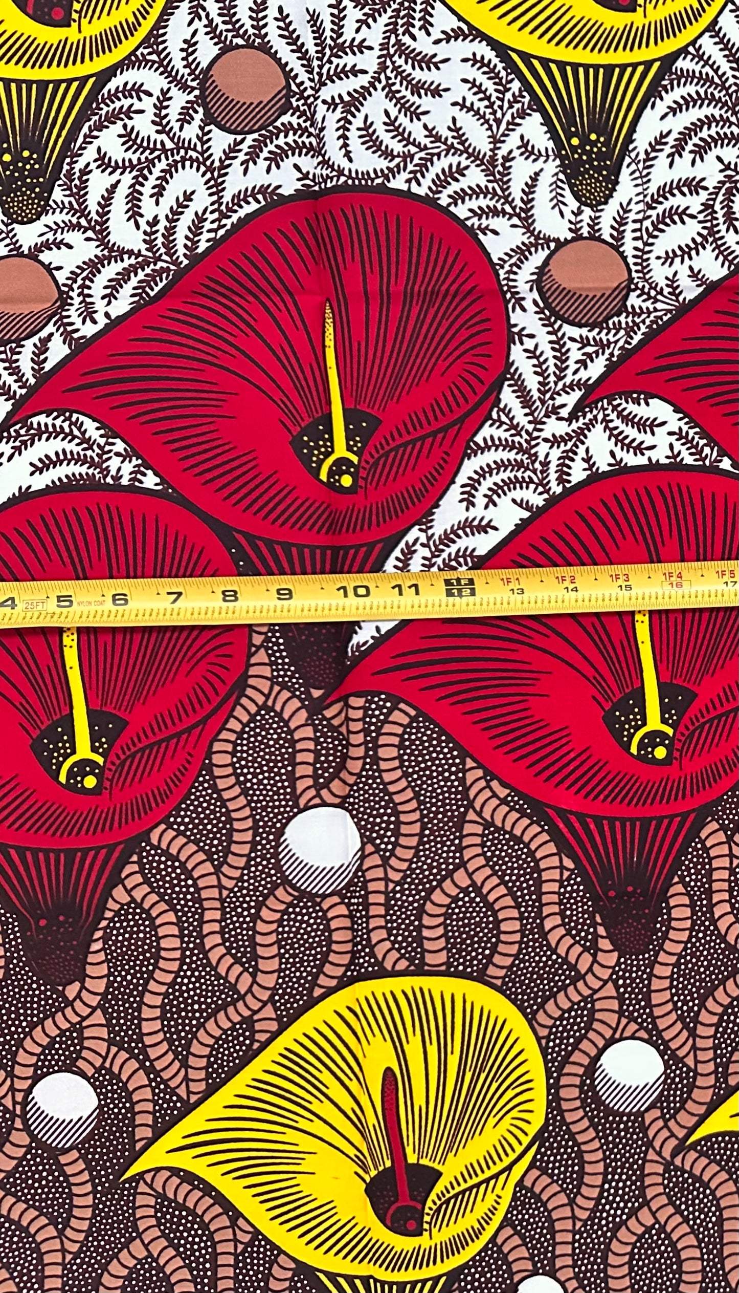 African Print Fabric/ Ankara - Red, Yellow, White, Brown "Fire Lily of Mali", 1 YARD