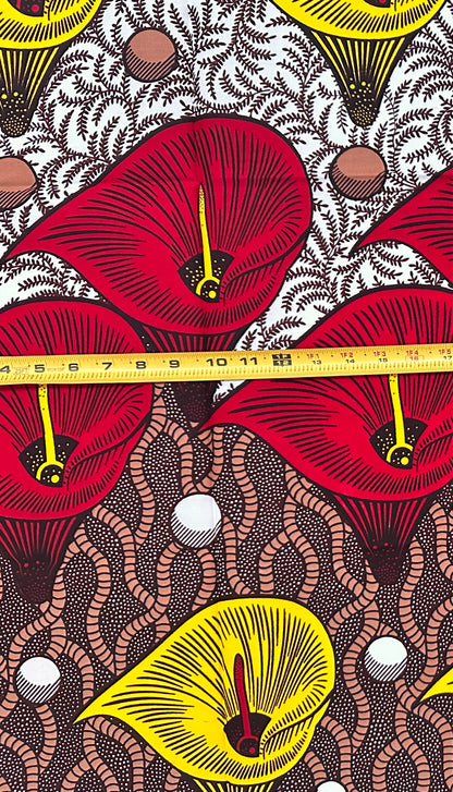 African Print Fabric/ Ankara - Red, Yellow, White, Brown "Fire Lily of Mali", 1 YARD