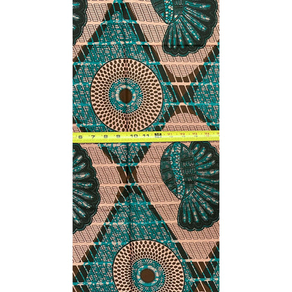 African Print Fabric/ Ankara - Brown, Teal 'Bullseye Chieftain', 1 Yard