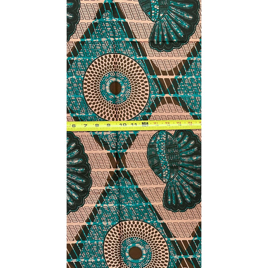 African Print Fabric/ Ankara - Brown, Teal 'Bullseye Chieftain', 1 Yard