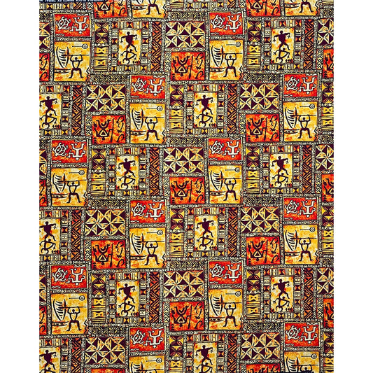 African Print Fabric/ Ankara - Orange, Brown 'The Story Wall', YARD OR WHOLESALE
