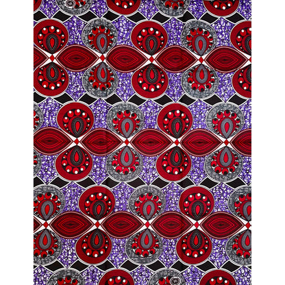 African Print Fabric/ Ankara - Red, Purple, Gray 'Fire & Tori,’ 1 YARD