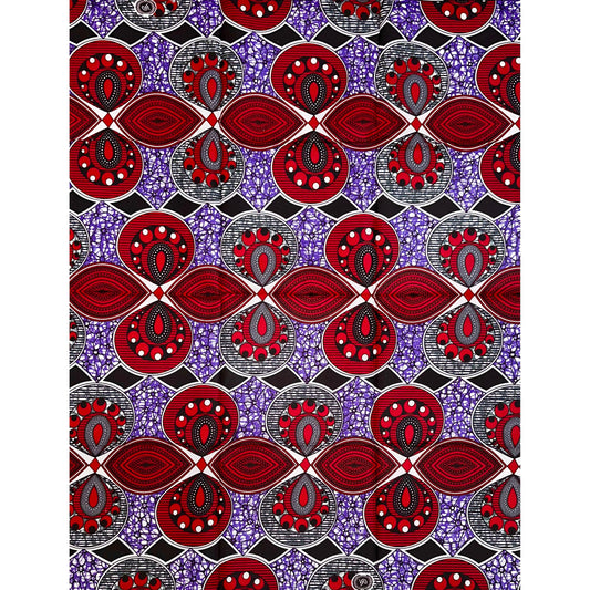 African Print Fabric/ Ankara - Red, Purple, Gray 'Fire & Tori,’ 1 YARD