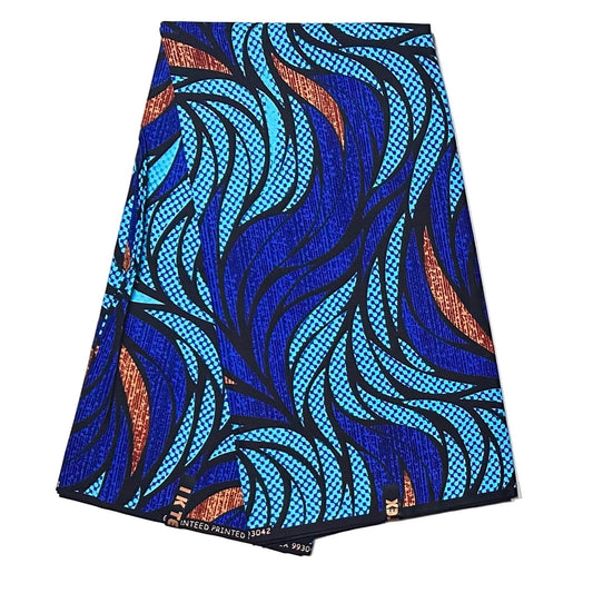 African Print Fabric/ Ankara - Shades of Blue, Brown 'Soji Leaves', YARD or WHOLESALE