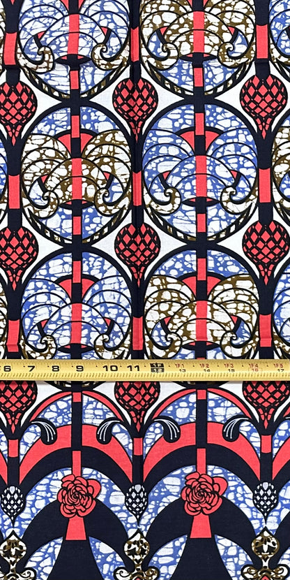 African Print Fabric/ Ankara - Coral, Brown, Blue "Procession House", 1 Yard
