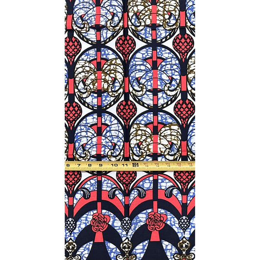 African Print Fabric/ Ankara - Coral, Brown, Blue "Procession House", 1 Yard