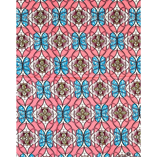 African Print Fabric/ Ankara - Pink, Blue, Brown 'Nubia Lotus,’ 1 YARD