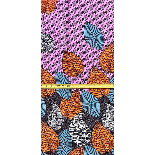 African Print Fabric/ Ankara - Pink, Orange, Gray, Brown 'Gathered Leaves', 1 YARD