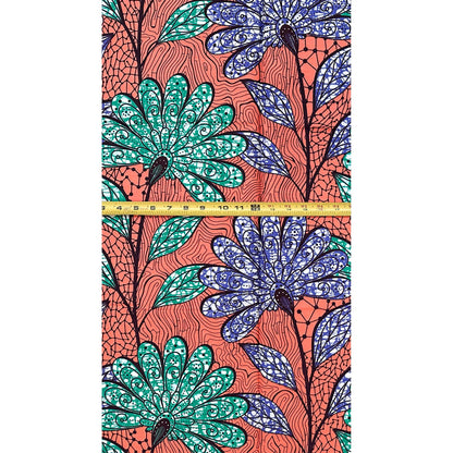 African Print Fabric/ Ankara - Apricot, Green, Blue "Ada Flora", YARD