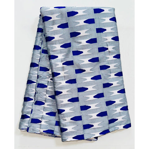 African Fabric/ Woven Kente - Blue, Gray, White “Nanyamka”, 4 Yards