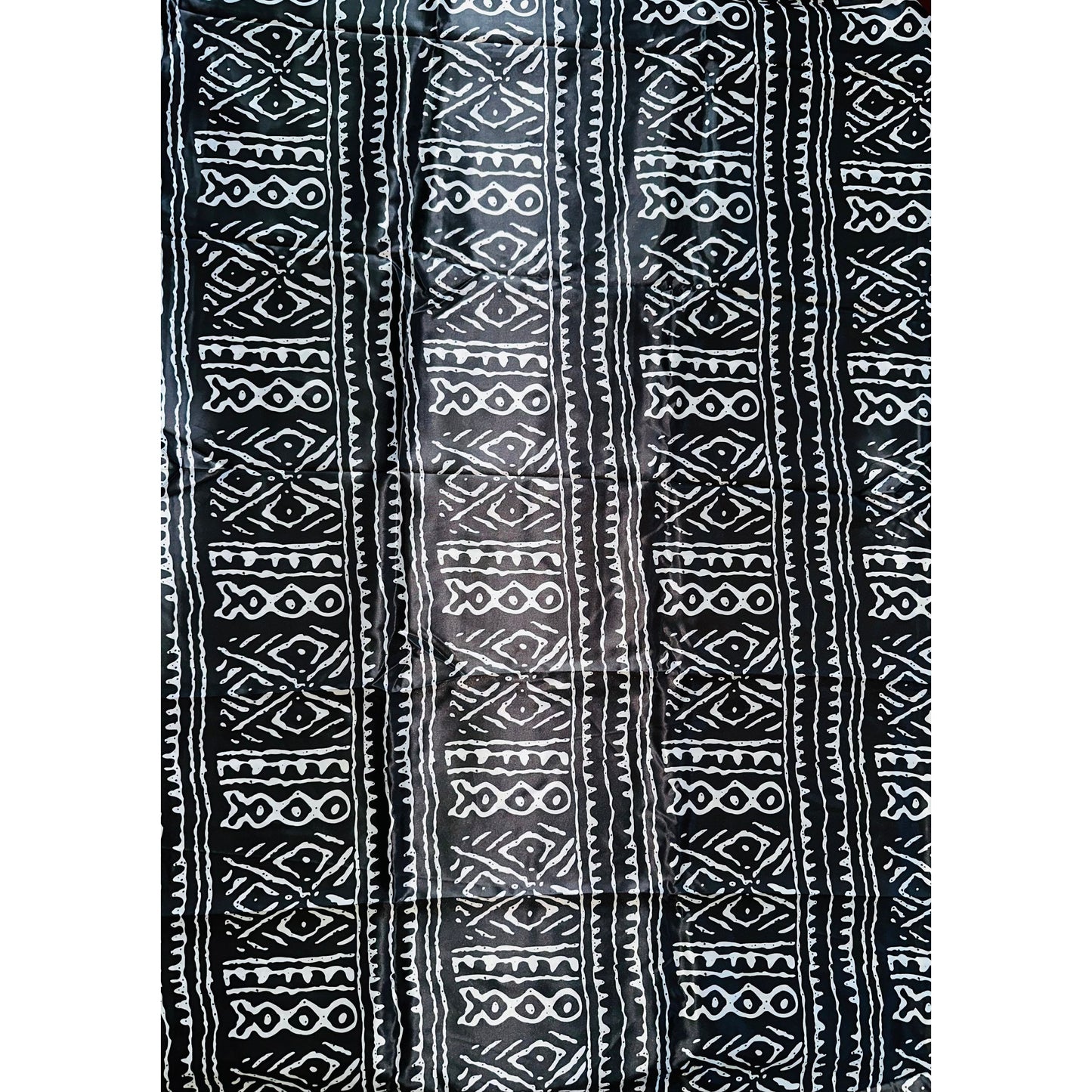 African Print, Satin Fabric - Black, White "Meroitic Chapter", Per Yard or Wholesale