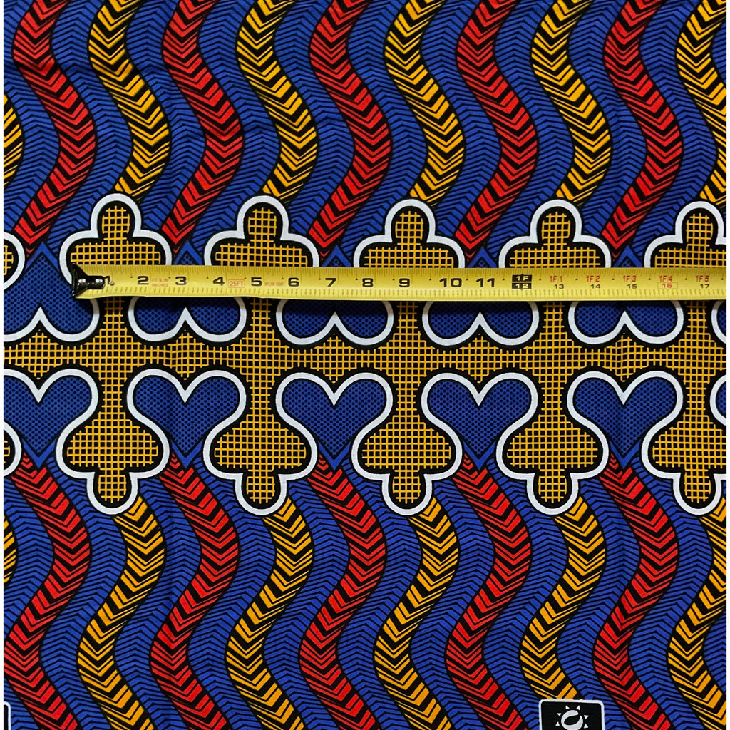 African Print Fabric/ Ankara - Red, Cream, Blue 'Step Up,' YARD or