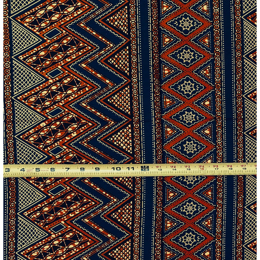 African Print Fabric/ Ankara - Brown, Navy "Zigzag Palava", 1 Yard