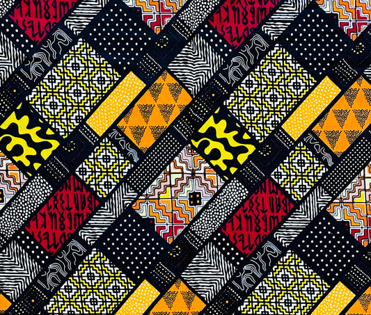 African Print Fabric/ Ankara - Red, Black, Yellow, Orange 'Omenala Code' Design, YARD or WHOLESALE