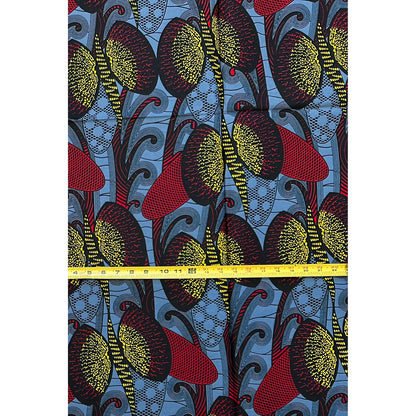 African Print Fabric/ Ankara - Gray, Red, Yellow 'City Seeds,’ 1 YARD