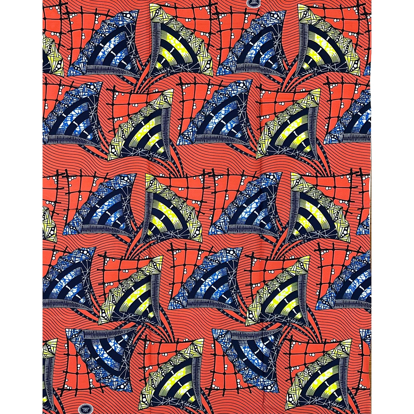 African Print Fabric/ Ankara - Dark Coral, Blue, Yellow ‘Impact' Design, 1 YARD