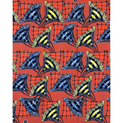 African Print Fabric/ Ankara - Dark Coral, Blue, Yellow ‘Impact' Design, 1 YARD