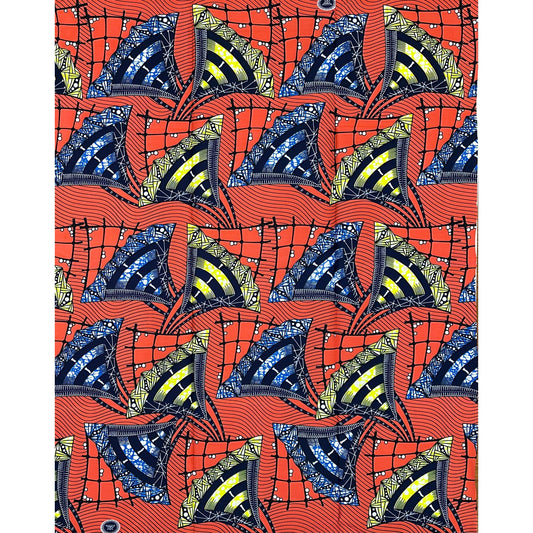 African Print Fabric/ Ankara - Dark Coral, Blue, Yellow ‘Impact' Design, 1 YARD