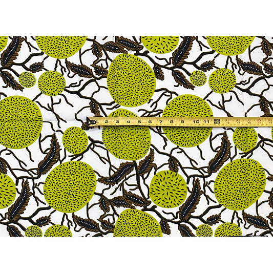 African Print Fabric/ Ankara - Green, Brown, Cream ‘Agama Sunspots' Design, 1 YARD