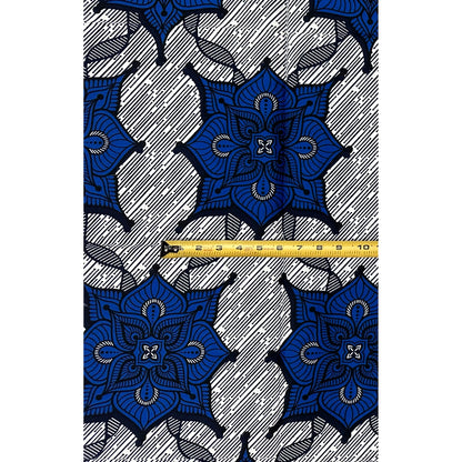 African Print Fabric/Ankara - Blue, White "Indigo Lotus" Design