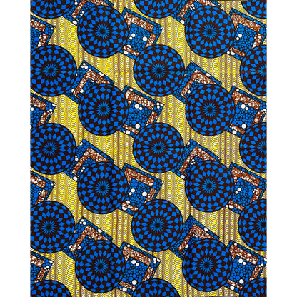 African Print Fabric/ Ankara - Blue, Yellow, Brown 'Hypnotic' Design
