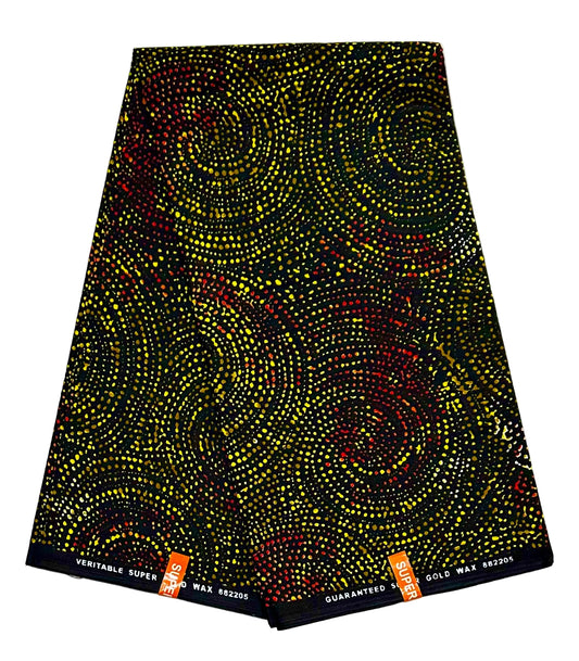 African Print Fabric/ Ankara - Black, Yellow, Red, Orange 'Onyx Aurora' Design, YARD or WHOLESALE