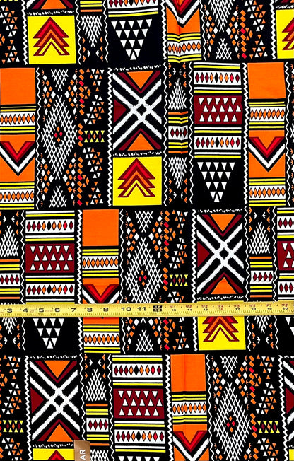 African Print Fabric/Ankara - Orange, Red, Black, Yellow "The Movement", 1 Yard