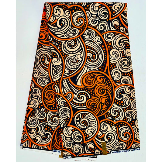 African Print Fabric/ Ankara - Orange, Beige, Black 'Swagga Spiral' Design, YARD or WHOLESALE