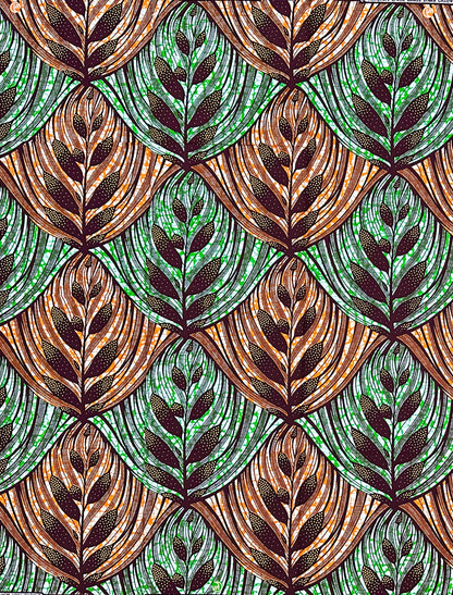 African Print Fabric/ Ankara - Orange, Green, Brown 'The Good Soil' Design