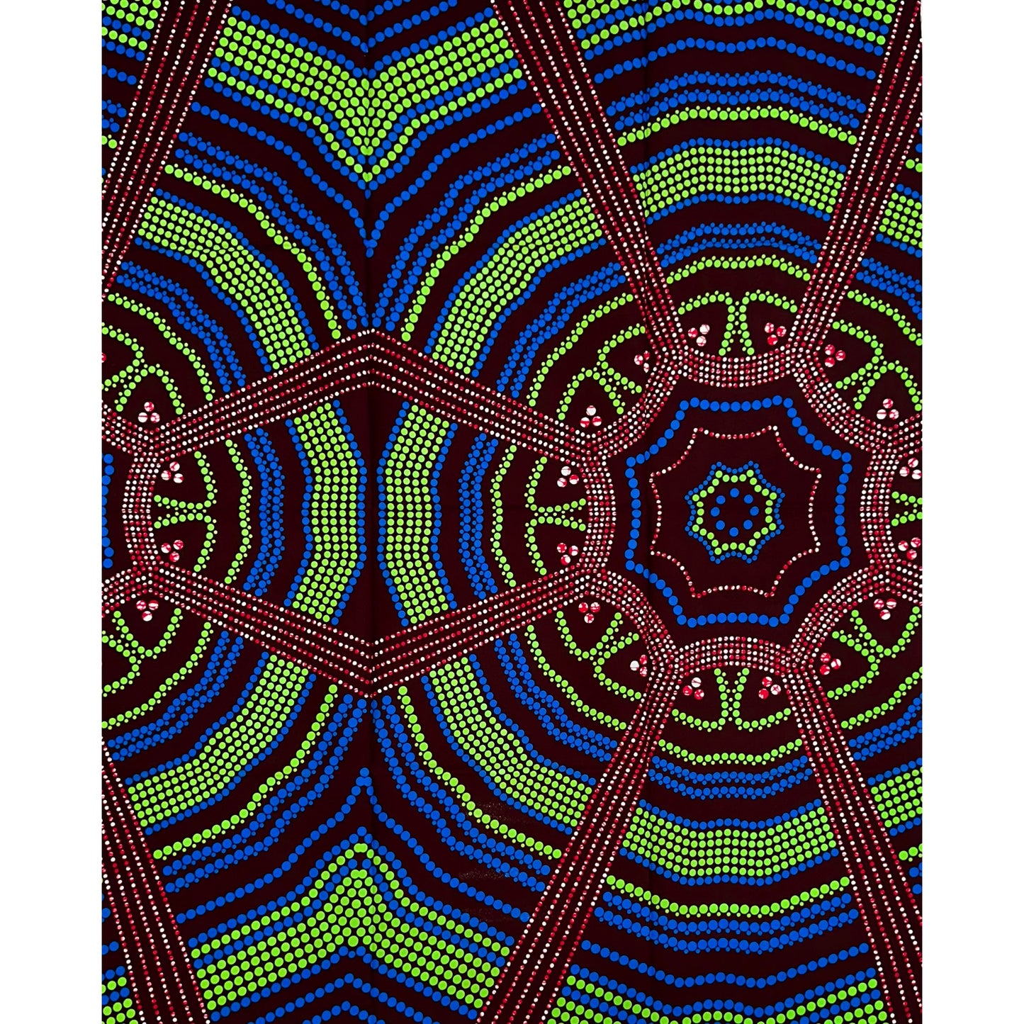 African Print Fabric/ Ankara - Blue, Red, Brown, Green ‘Orisa Pathways' Design, 1 YARD