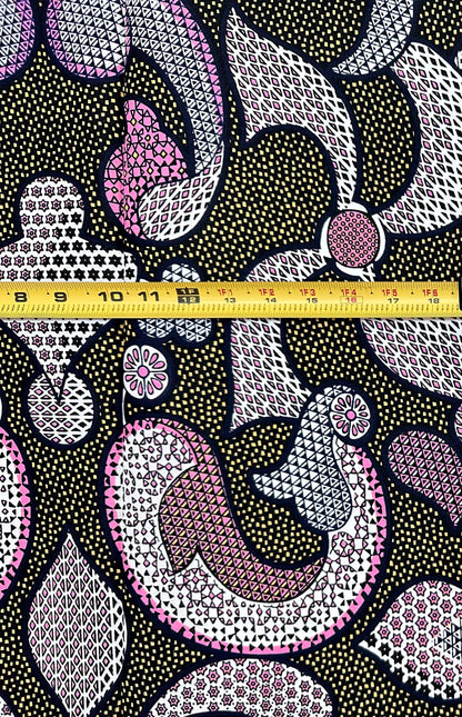 African Print Fabric/ Ankara - Pink, Beige, Black “Midnight Manuscript', 1 YARD