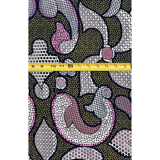 African Print Fabric/ Ankara - Pink, Beige, Black “Midnight Manuscript', 1 YARD
