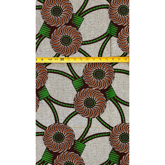 African Print Fabric/ Ankara - Green, Brown, Cream 'Closed Loop,’ 1 YARD