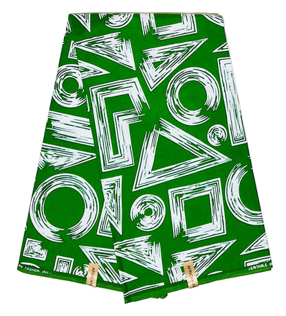 African Print Fabric/ Ankara - Green, White 'Tatu Forms' Design, YARD or WHOLESALE