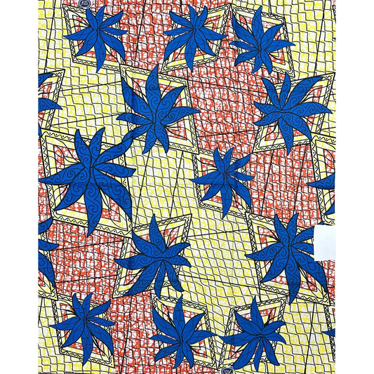 African Print Fabric/ Ankara - Blue, Sienna, Yellow 'Zaria Sunleaf', 11/12ths Yard