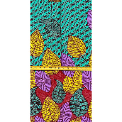 African Print Fabric/ Ankara - Green, Yellow, Purple, Dark Red 'Gathered Leaves', 1 YARD