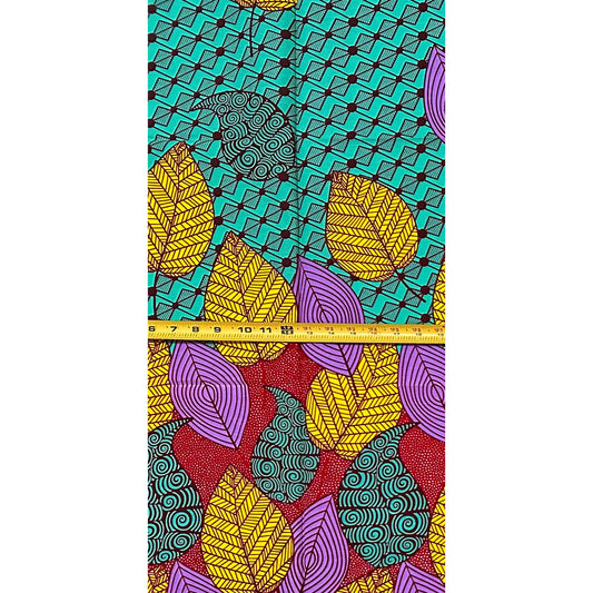 African Print Fabric/ Ankara - Green, Yellow, Purple, Dark Red 'Gathered Leaves', 1 YARD