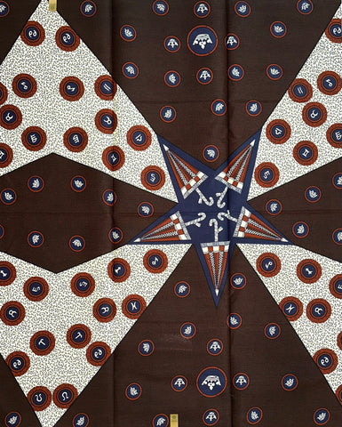 African Fabric/ Ankara - Brown, Navy, Cream 'Ceremonial Umbrella of Dahomey’ Design, YARD or WHOLESALE
