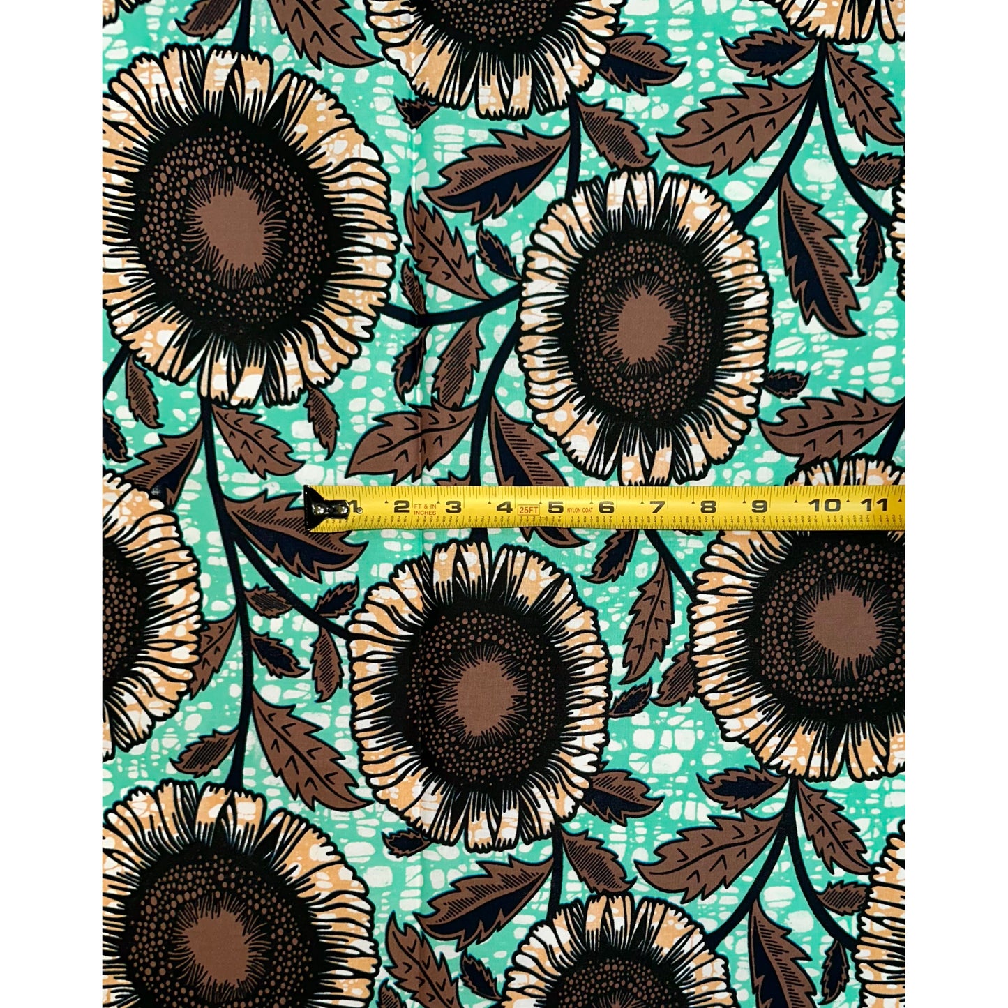 African Print Fabric/ Ankara - Turquoise, Brown ‘Anyanwu Sunflower' Design, YARD