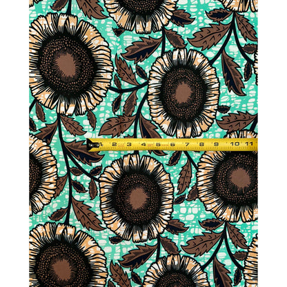African Print Fabric/ Ankara - Turquoise, Brown ‘Anyanwu Sunflower' Design, YARD