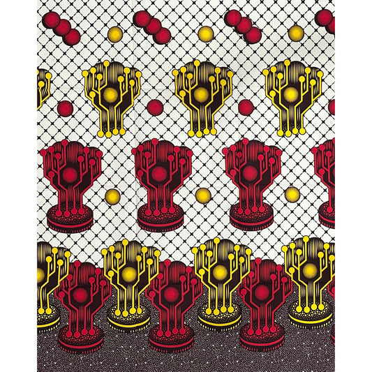 African Print Fabric/ Ankara - Red, Yellow, Cream ‘Solar Ascent' Design, YARD