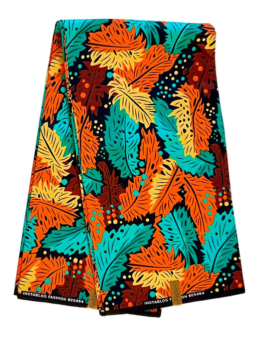 African Print Fabric/ Ankara - Orange, Yellow, Teal, Brown 'Black Soil Flame' Design, YARD or WHOLESALE