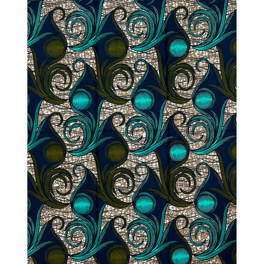 African Print Fabric/ Ankara - Green, Blue, Brown 'Òrun Tide', 1 Yard