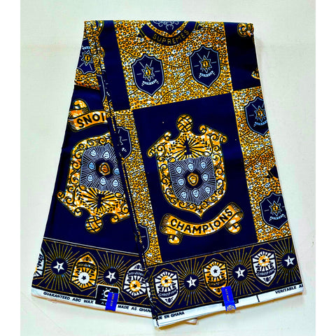 African Print Fabric/ Ankara - Orange, Navy 'The Champs Are Here,’ YARD or WHOLESALE