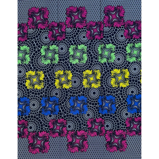 African Print Fabric/Ankara - Purple, Blue, Yellow, Green “Ananse Net" Design, 1 Yard