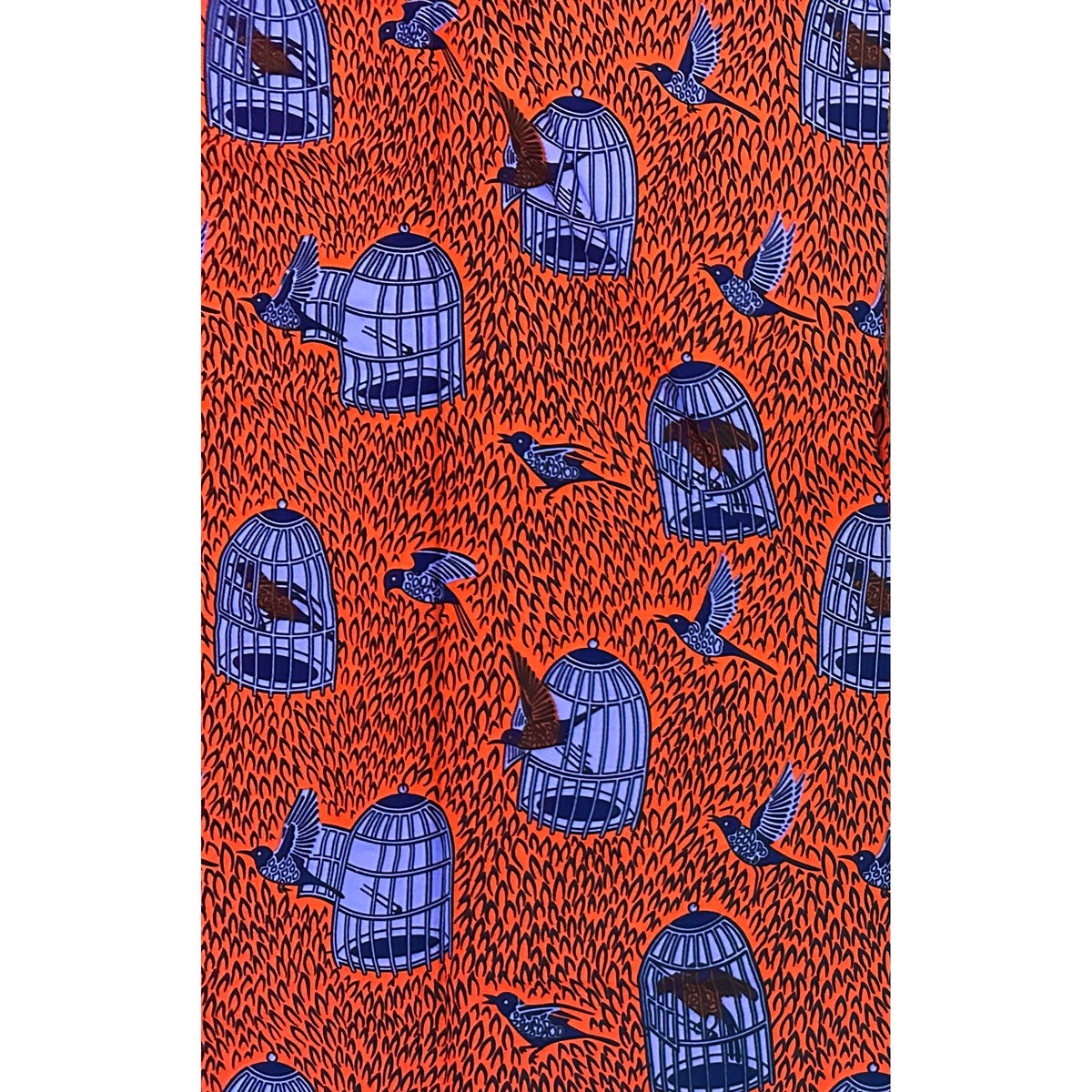 African Print Fabric/ Ankara - Orange, Purple, Navy 'I Know Why The Caged Bird Sings' Design, YARD or WHOLESALE