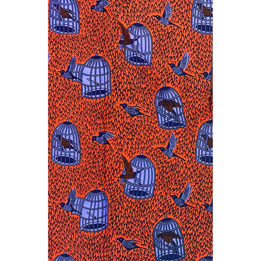 African Print Fabric/ Ankara - Orange, Purple, Navy 'I Know Why The Caged Bird Sings' Design, YARD or WHOLESALE
