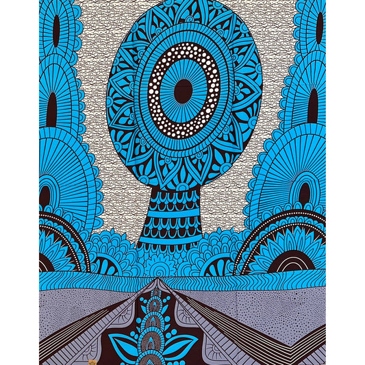 African Print Fabric/ Ankara - Blue, Brown, Gray 'Sky Drums & Kingdoms', 1 YARD