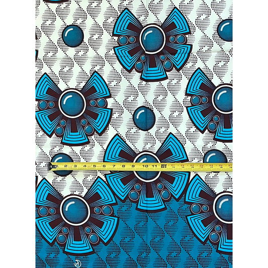 African Print Fabric/ Ankara - Cream, Blue, Teal, Brown 'Calm Water Still Runs Deep', 1 Yard