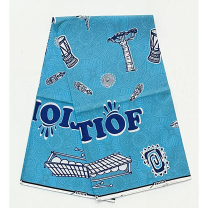 African Print Fabric/ Ankara - Blue, White ‘Tiof Drums of Africa' Design, YARD